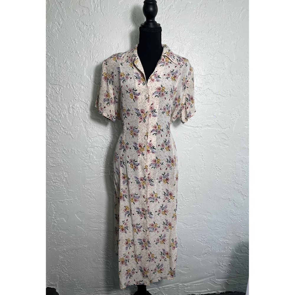Vintage YiMei Floral Button Front Midi Dress Cottagecore‎ Prairie L XL